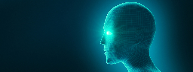 Digitale Illustration eines menschlichen Kopfes als Drahtgittermodell mit leuchtenden Augen, die nach rechts blicken